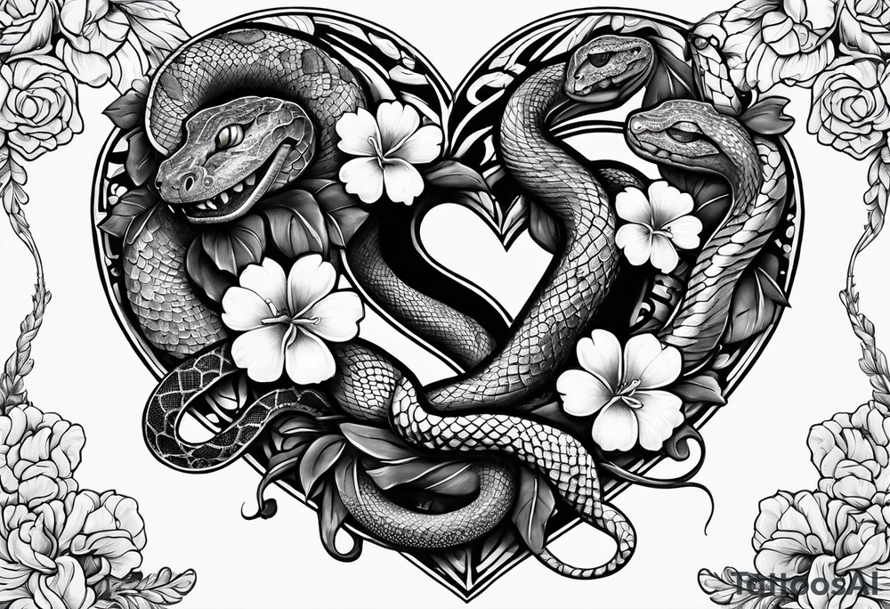 snakes wrapped around a heart with flowers tattoo idea