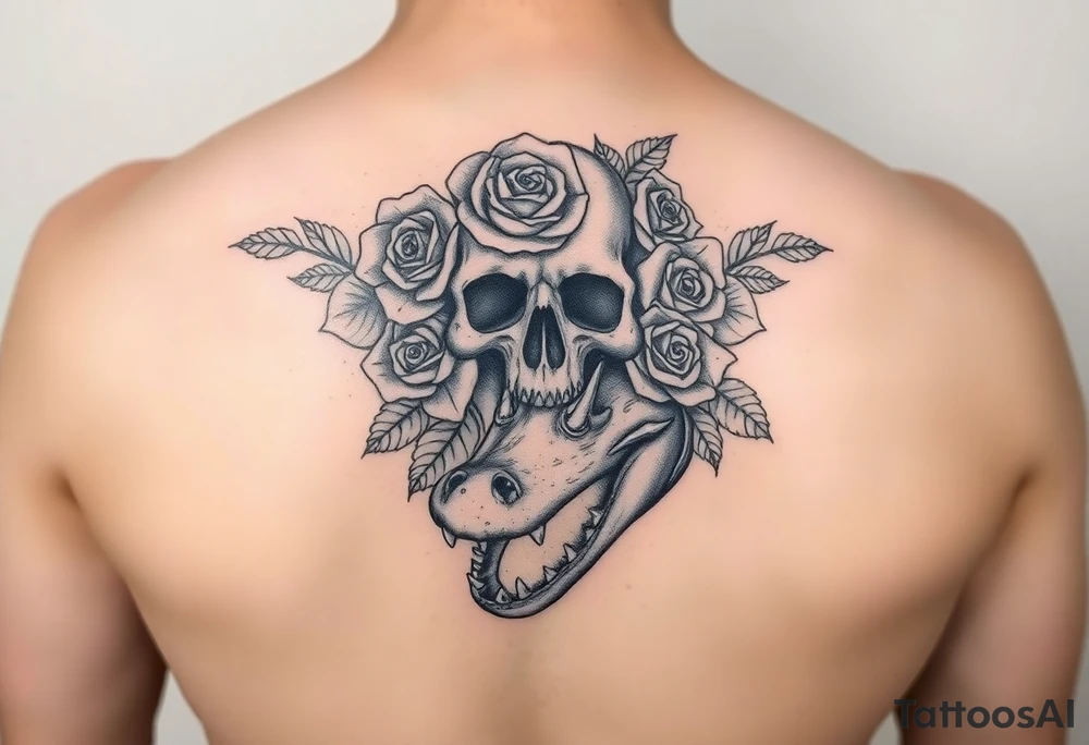 .
dreamy gothic bloom vibe, rose-heavy with dark edges. Imagine swapping the face for your skull, add the gator's tail curling up from the bottom like it's guarding the petals. has the blackwork feel—clean lines, thorny roses, easy to layer an alligator jaw underneath. tattoo idea