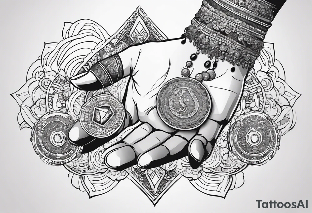 The hand of hindu goddess Laxmi with coins falling out of her hand tattoo idea