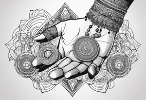 The hand of hindu goddess Laxmi with coins falling out of her hand tattoo idea