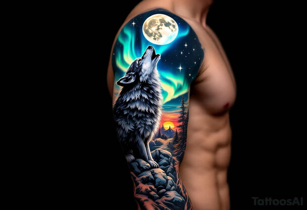 lone wolf howling at full moon with northern lights backdrop tattoo idea