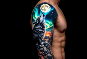 lone wolf howling at full moon with northern lights backdrop tattoo idea