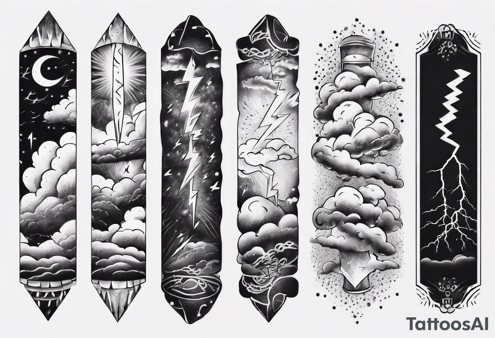 forearm sleeve lightning and clouds pattern tattoo idea