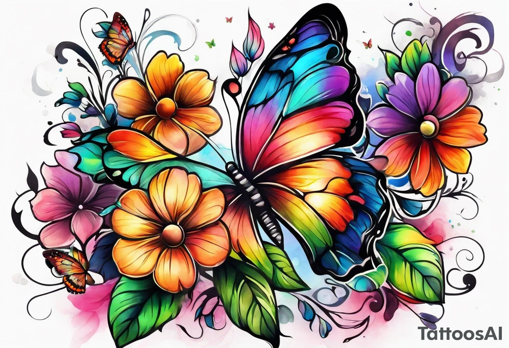 Arm sleeve with rainbow flowers and butterflies tattoo idea
