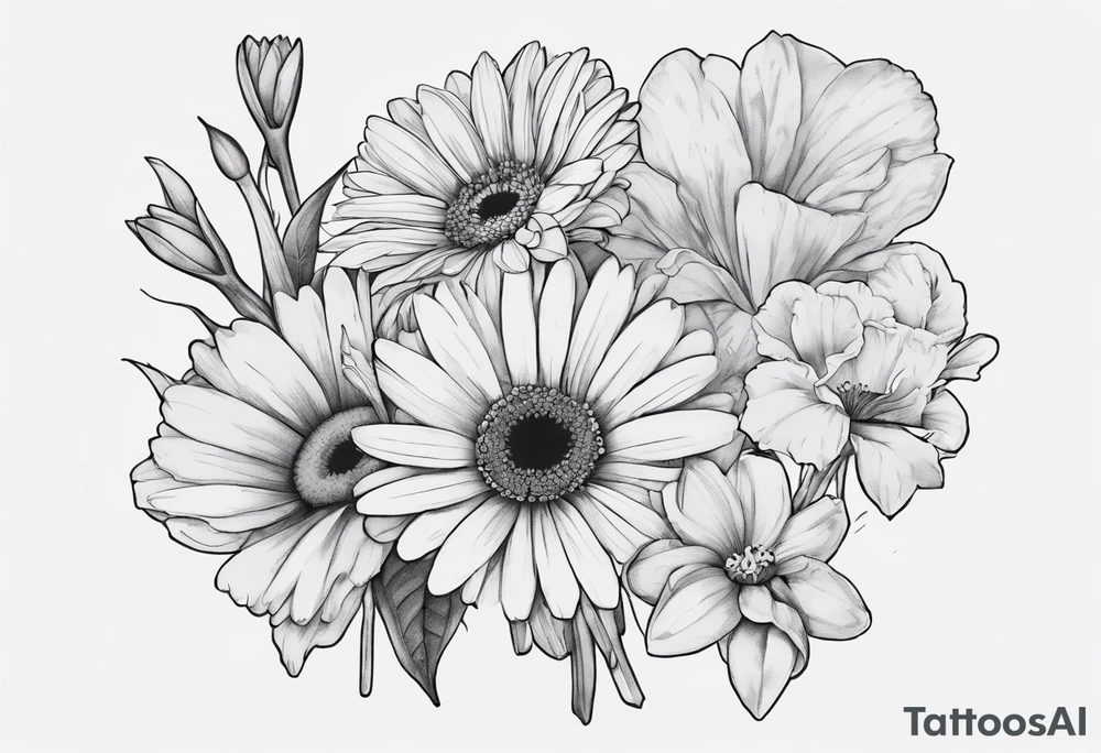 a fine line, dainty bouquet of a gerbera daisy, an iris, blue bells, and forget me nots, tied together with a small bow. no shading or realism. a small line work piece tattoo idea