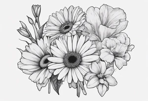 a fine line, dainty bouquet of a gerbera daisy, an iris, blue bells, and forget me nots, tied together with a small bow. no shading or realism. a small line work piece tattoo idea