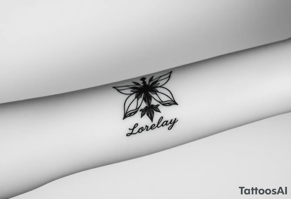 Crea un diseño significativo sobre la flor de bayahibe egipcia y que tenga el nombre escrito por de bajo del diseño el nombre de mi hermana Lorelay para la parte baja del bíceps tattoo idea
