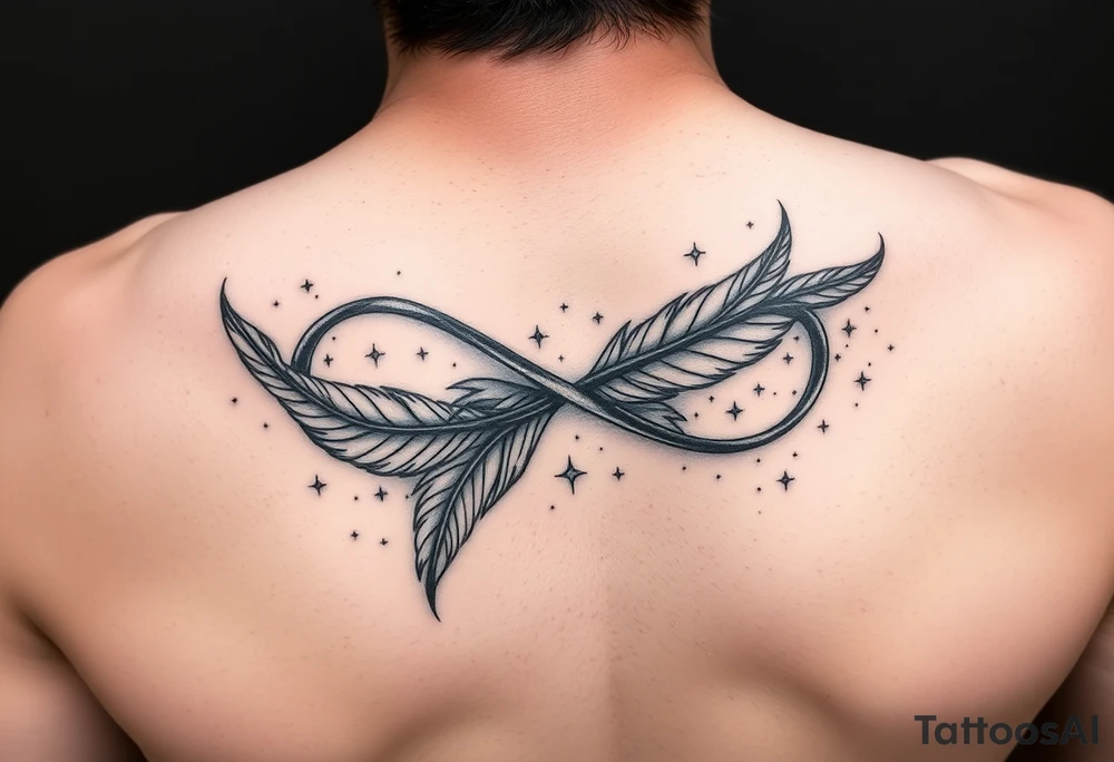 infinity symbol woven with floating feathers and stardust tattoo idea