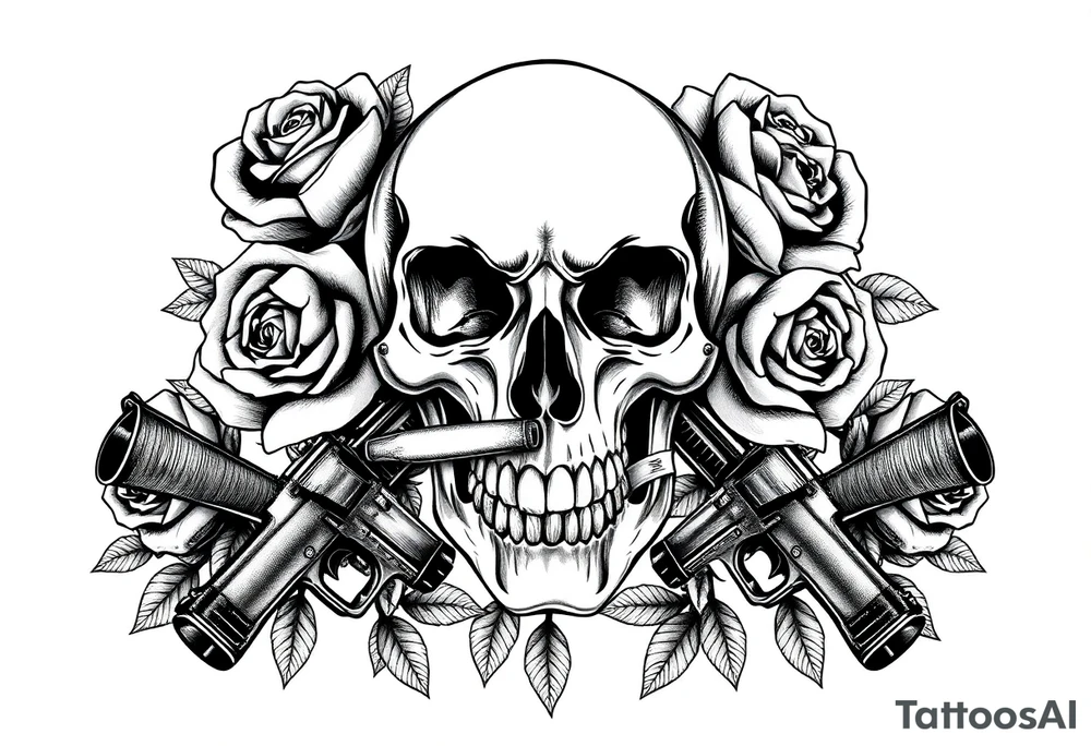 A skull with a cigar, surrounded by thorny roses and crossed pistols. tattoo idea