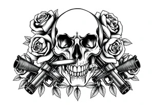 A skull with a cigar, surrounded by thorny roses and crossed pistols. tattoo idea