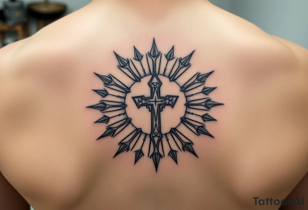 Exotic cross inside a solar circle tattoo idea