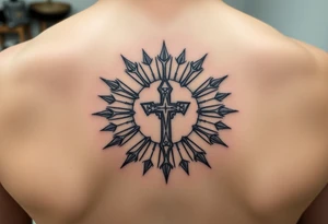 Exotic cross inside a solar circle tattoo idea