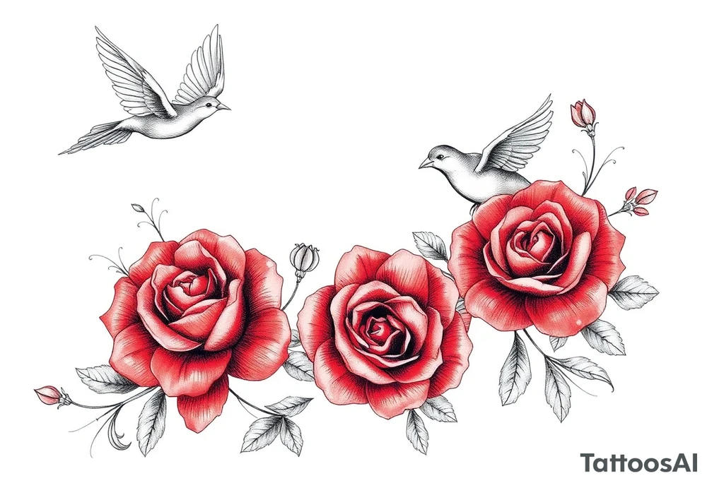 Vintage lace, red roses, red birds tattoo idea