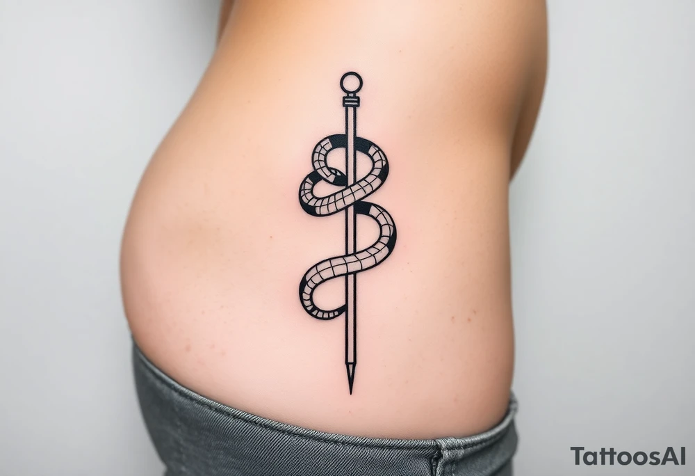 Snake tatto graphic on the hip. Positioned on the hip bone and lower closer to lady parts and leg. Snake symbolically wrapped over the pole (pole dance one). Minimalistic graphic style. Only snake and pole. Positioned horizontally, Pole vertically (not just Pole but a special pole for pole dance, but not to much details) tattoo idea