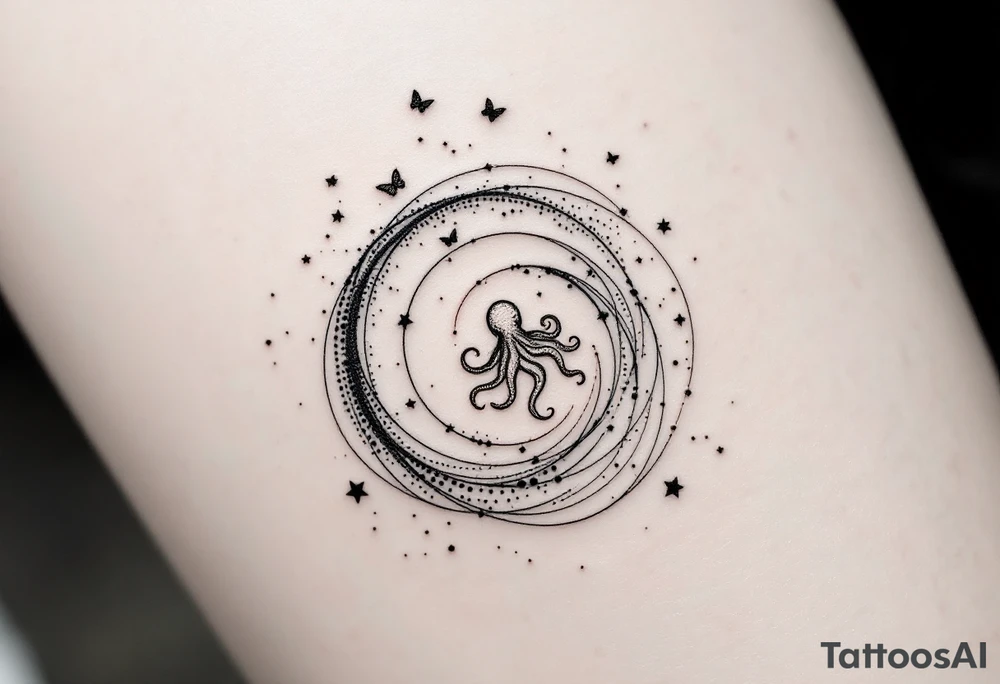 A minimalist dotwork tattoo design in the shape of a spiral galaxy. In the center, a small octopus is subtly integrated into the swirl, with flowing tentacles that extend along the spiral arms. The tentacles transform into elegant, curving lines resembling the flowing tails of koi or betta fish, partially in black ink and partially in fine red lines. Small stars are scattered throughout the galaxy shape, and two delicate butterflies hover near the edges. cosmic abstraction style, dotwork, fine line, with elements of Japanese graphic tattoo flow, minimalist octopus tattoo idea
