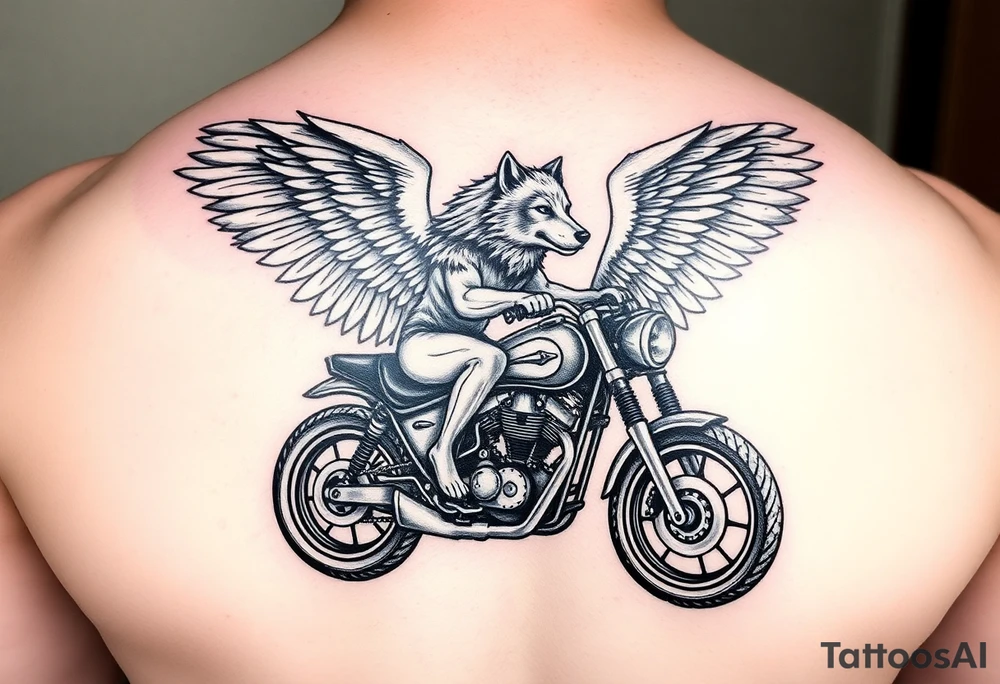 guardian angel wolf on a motorcycle tattoo idea