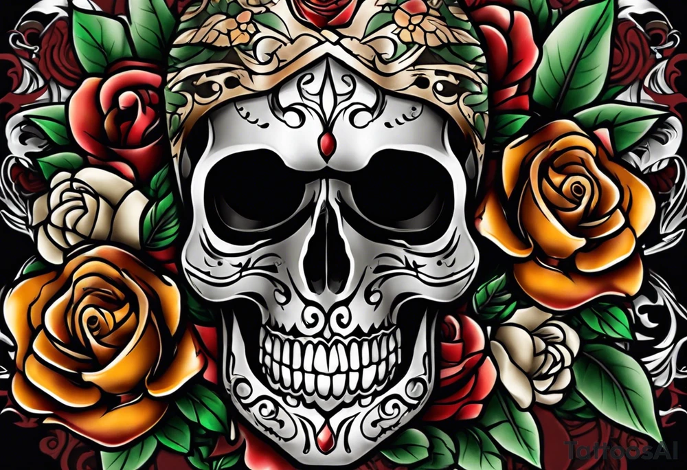 traditional Knee tattoo in fall colors showing a large skull with a rose in the style of Mark Mahoney tattoo idea