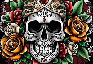 traditional Knee tattoo in fall colors showing a large skull with a rose in the style of Mark Mahoney tattoo idea