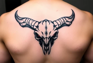 Abstract looking angry taurus skull chest tattoo with red eyes tattoo idea