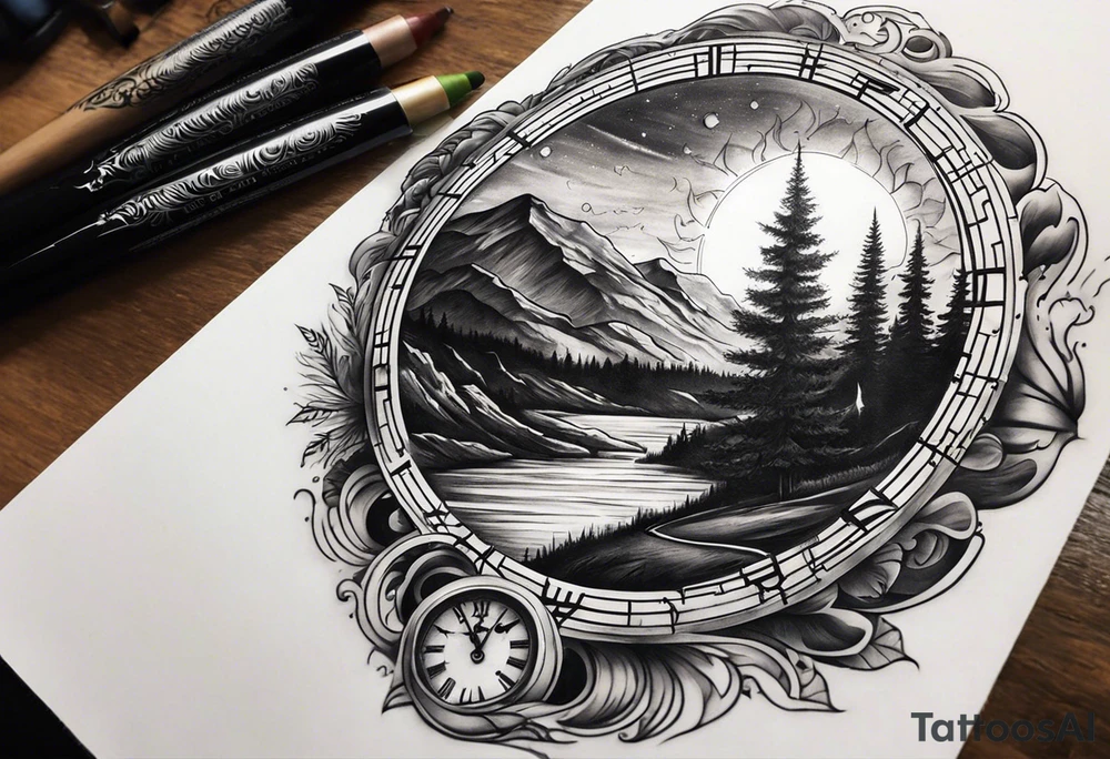 Half sleeve. View from the base of the mountains looking up to the sun. The sun is a clock that reads 12:01 to signify a new day. I want a clock tower in the middle of the mountains with the times my two sons were born. This tattoo represents overcoming massive obstacles and becoming a better person. tattoo idea