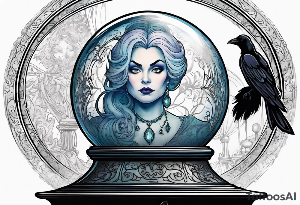 Madame leota from disney haunted mansion in crystal ball on gothic stand with raven at side tattoo idea