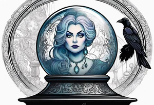 Madame leota from disney haunted mansion in crystal ball on gothic stand with raven at side tattoo idea