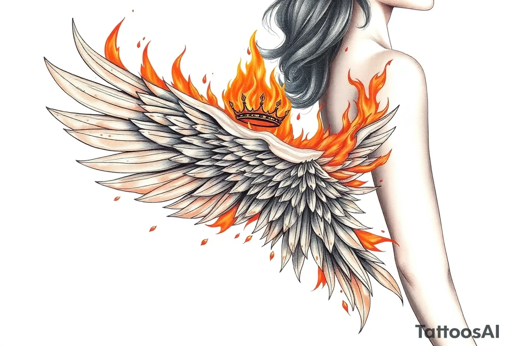 large blazing wing surrounded by fire. with a crown of fire tattoo idea