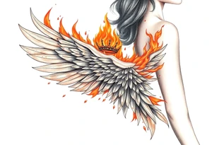 large blazing wing surrounded by fire. with a crown of fire tattoo idea