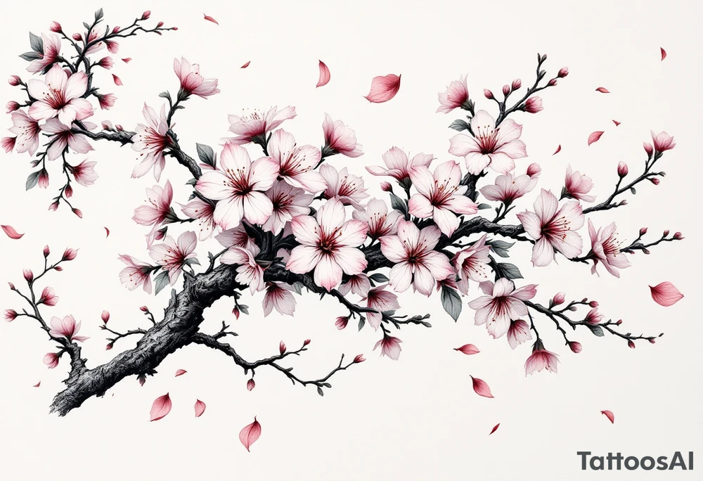 delicate cherry blossoms swirling in spring breeze with petals tattoo idea