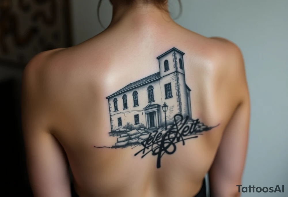 Vele di Scampia ruined and covered in graffiti, large tattoo, lower back area tattoo idea