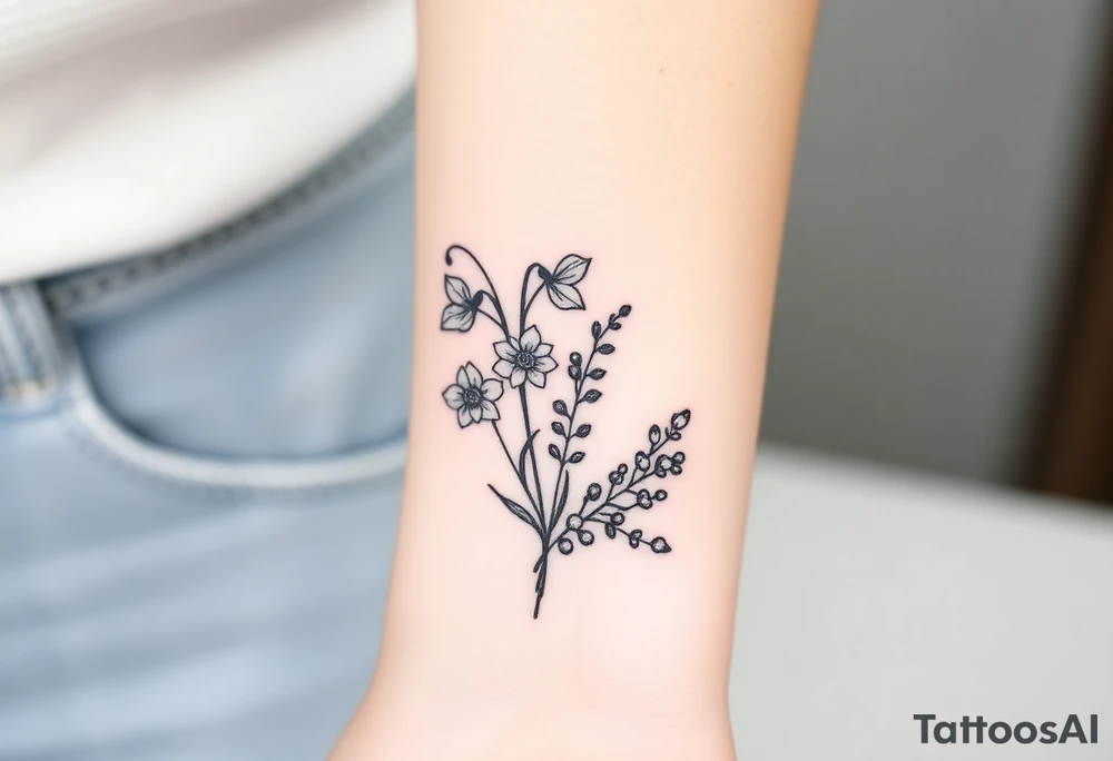 Bouquet of birth months flowers Lilly of the valley, daffodil, larkspur and Ilex aquifolium with berries tattoo idea