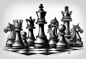 chess pieces falling down but the king remains on sold ground tattoo idea