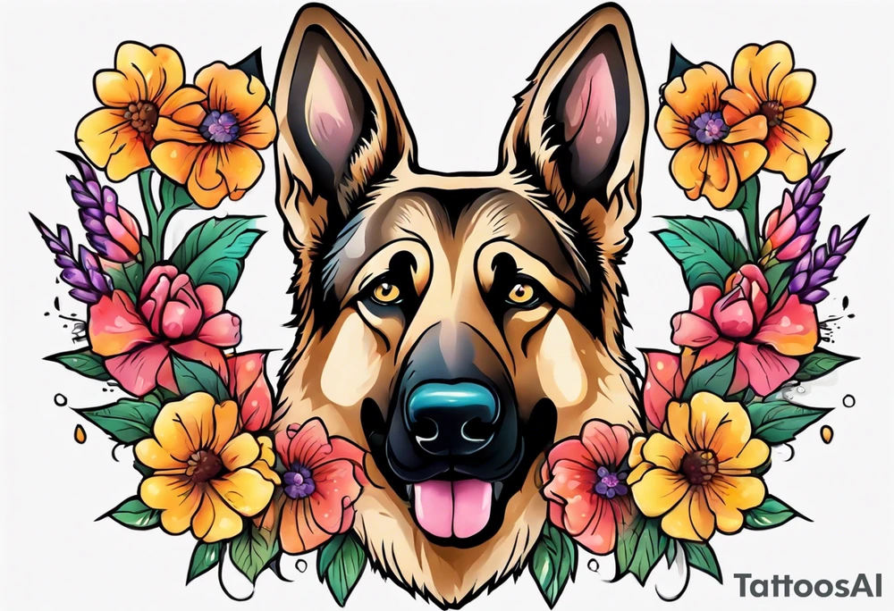 Sable colored German shepherd portrait brightly colored with flowers tattoo idea