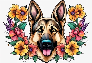 Sable colored German shepherd portrait brightly colored with flowers tattoo idea