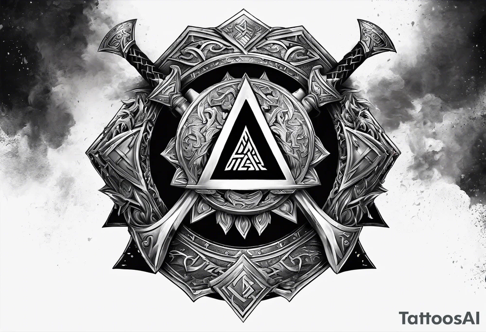 Valhalla shield valknut sword axe flame tattoo idea Valhalla shield valknut sword axe flame tattoo idea