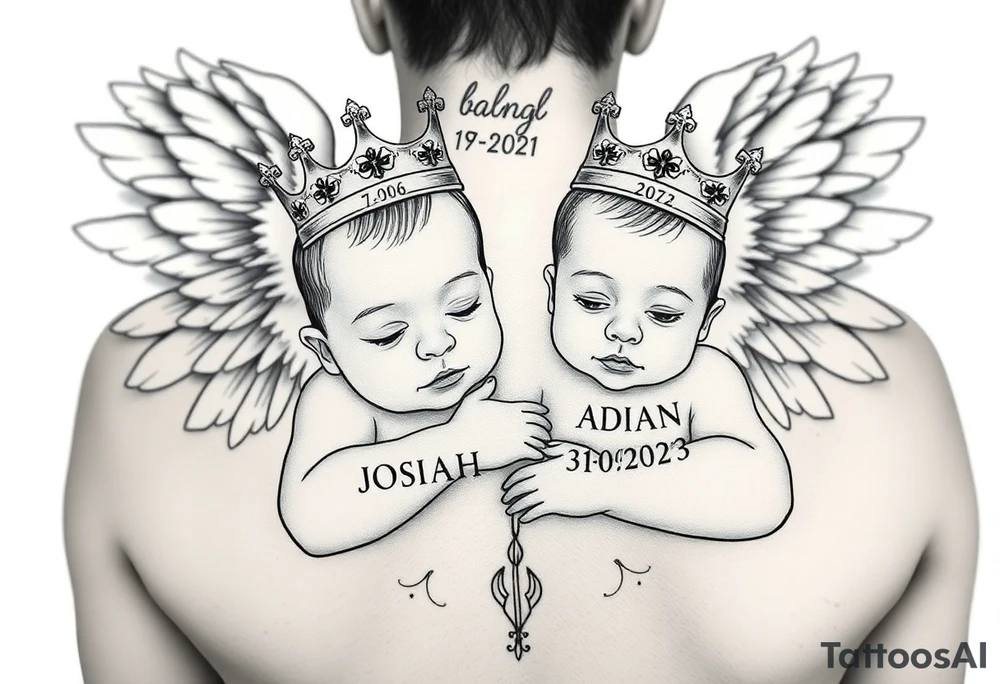 powerful beautiful realistic Women Angel with 2 baby boys one slightly older then the other  both boys wearki g king crowns with the names JOSIAH  and under name JOSIAH  romen numerals 7-06-2021 & the other younger baby in his crown saying ADIAN and under his name 3-10-2023 in romen numerals with women angel hugging both of the 2 baby  boys with both tattoo idea