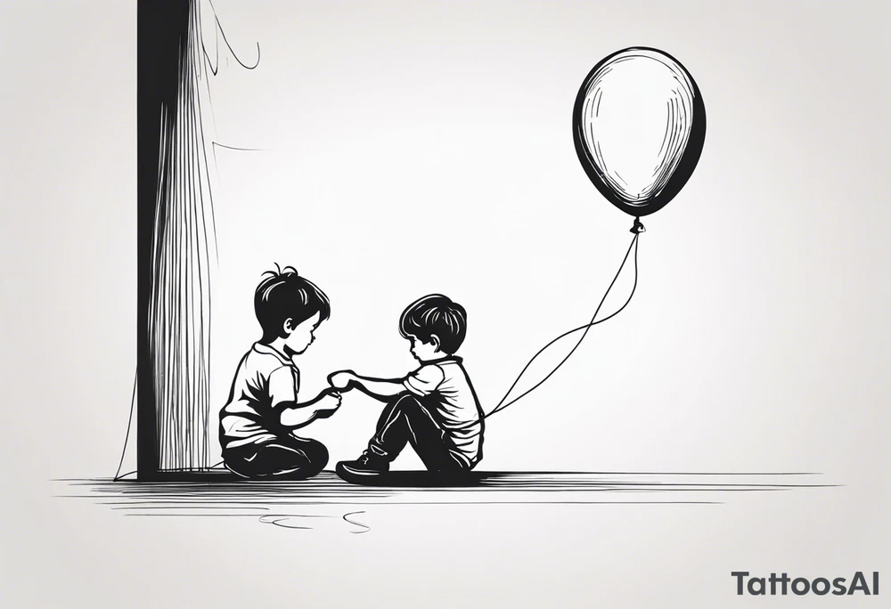 tatoo in sketch style only.
A little boy is holding a string to the hearth shaped small party baloon.
boy should be drawed from behind and has one hand reaching up in 45 degree angle and holding the baloon string
On the string is a wave which look like a hearbeat pulse.
draw it without any scenery, without any background. Just a boy tattoo idea