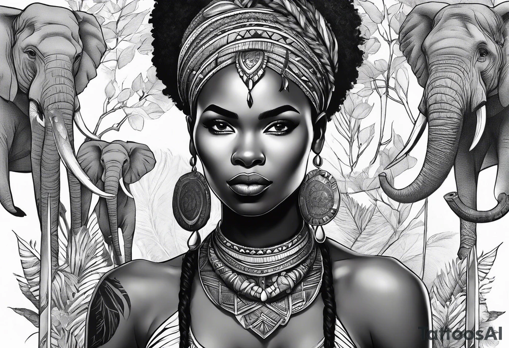 African woman warrior holding spear with deadlocks and earrings. With leafs, trees, birds and Elephants in the background tattoo idea
