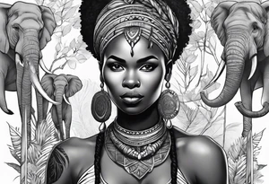 African woman warrior holding spear with deadlocks and earrings. With leafs, trees, birds and Elephants in the background tattoo idea