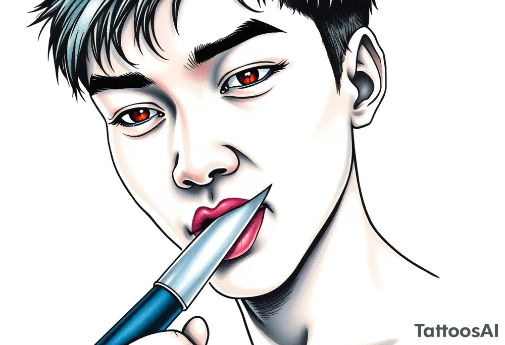 Handsome Asian young guy is licking a knife tattoo idea
