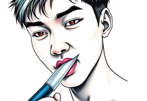 Handsome Asian young guy is licking a knife tattoo idea