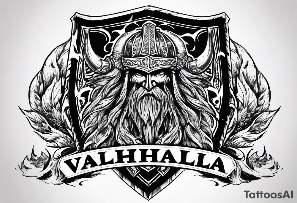 valhalla on fire sword shield axe warrior tattoo idea