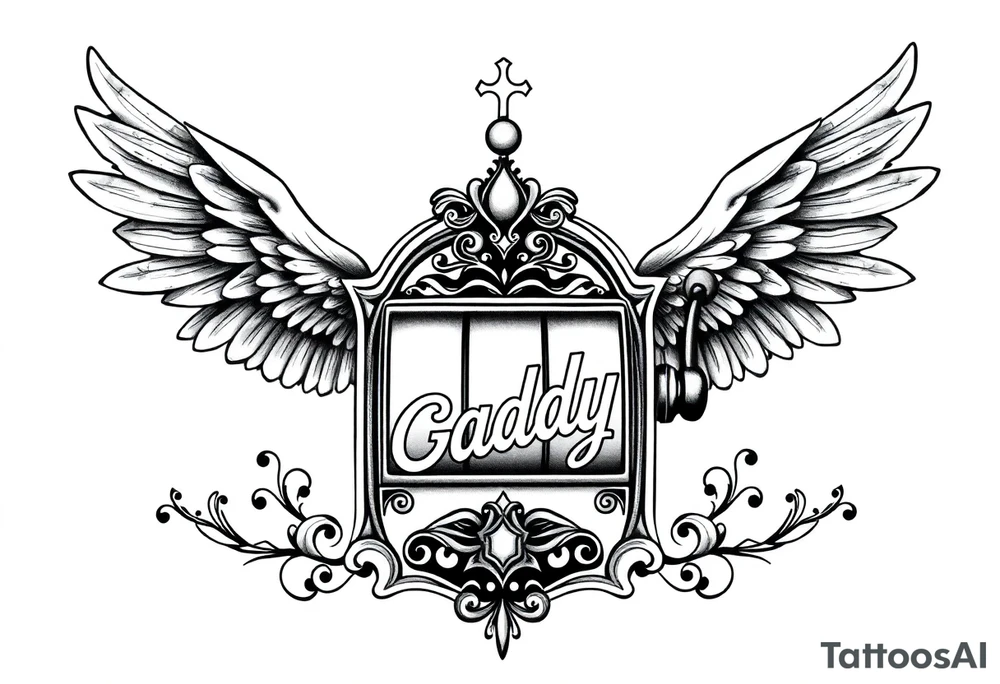 Slot machine with angel wings and word Daddy tattoo idea