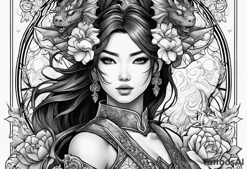 beautiful warrior woman wearing dragon armor and a floral background and a dragon a full picture tattoo idea
