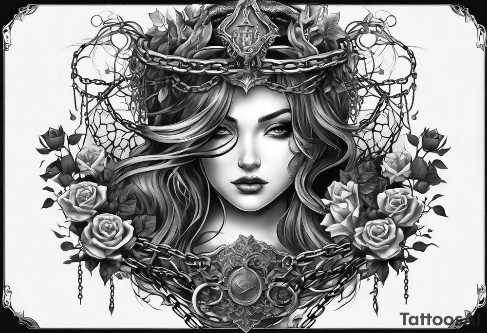 tattoo fool sleeve, tree roots break out of the chains, broken mask, girl, roses, medieval, dark castle tattoo idea