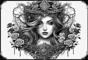 tattoo fool sleeve, tree roots break out of the chains, broken mask, girl, roses, medieval, dark castle tattoo idea