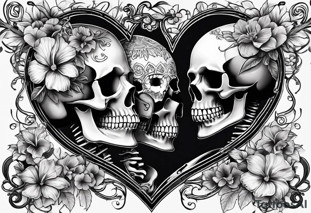 a female and male skeleton in love. The female has hibisucs flowers and the male is playing the guitar tattoo idea