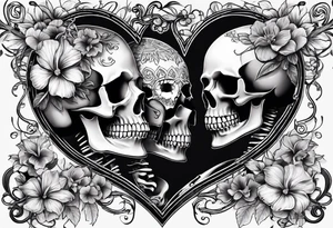 a female and male skeleton in love. The female has hibisucs flowers and the male is playing the guitar tattoo idea