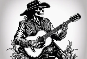 A skeleton with a cowboy hat on playing the guitar while sitting on a gravestone engraved with the words "Still Kickin'" and a pair of cowboy boots tattoo idea