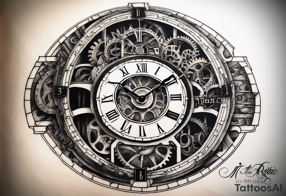 A mechanical clock with internal gears transitions into a weathered Roman colosseum in the background. A script quote, “it’s not the critic that counts it’s the man in the arena@ embedded tattoo idea